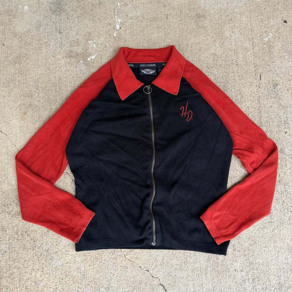 Harley-Davidson Vintage Women's Medium Full Zip Cotton Sweater Jacket Black Red
